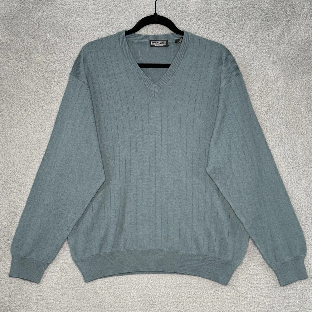 Preswick & Moore Mens Large V-Neck Sweater Merino Wool Blend Made in Italy Blue